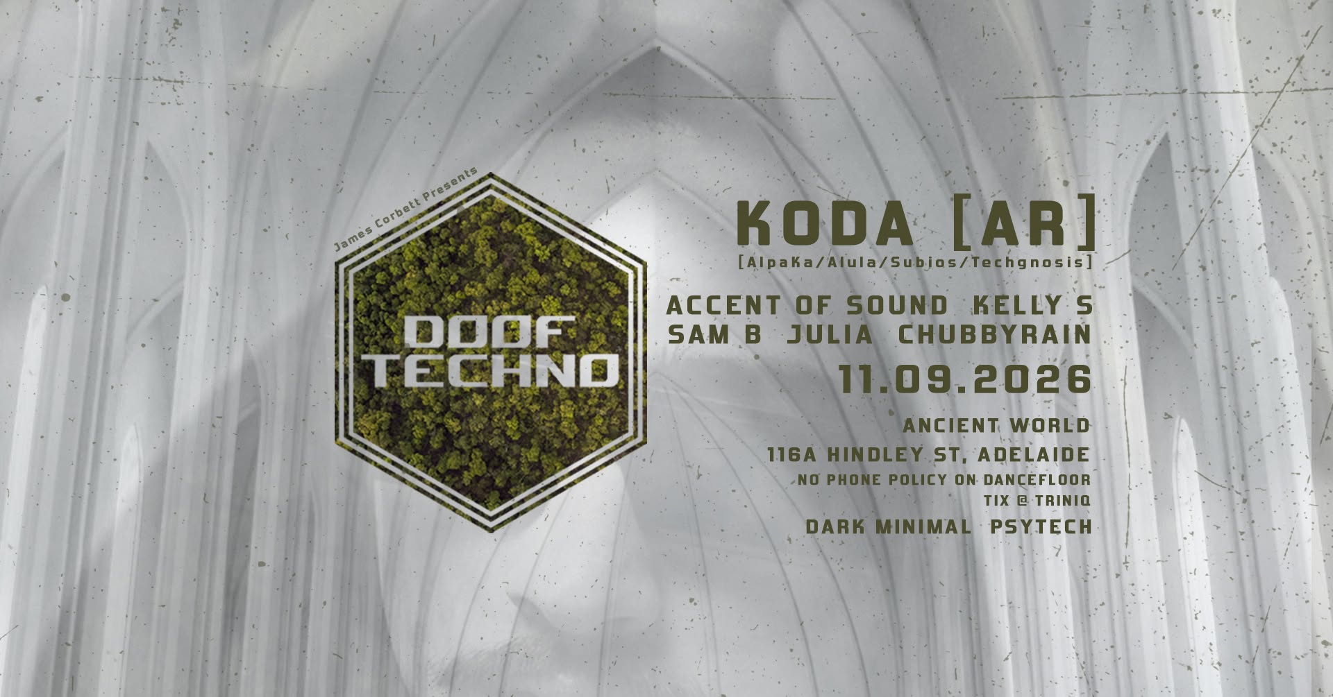 Doof Techno brings Argentinian producer Koda to Ancient World for a night of dark minimal and psytech