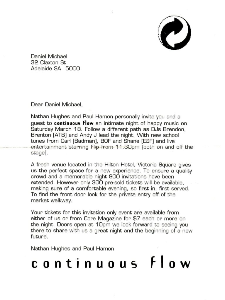 Continuous Flow invitation for the Hilton Hotel Adelaide on 18 March 1995, with DJs Brendon, Brenton ATB, Andy J, Carl Badman, BOF and Shane ESF