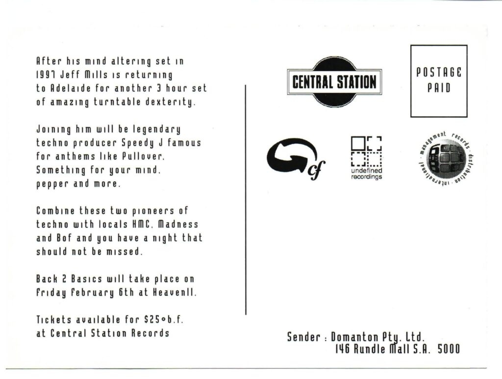 Continuous Flow Back 2 Basics Adelaide flyer for Jeff Mills and Speedy J at Heaven II on Friday 6 February 1998, with HMC, Madness and BOF