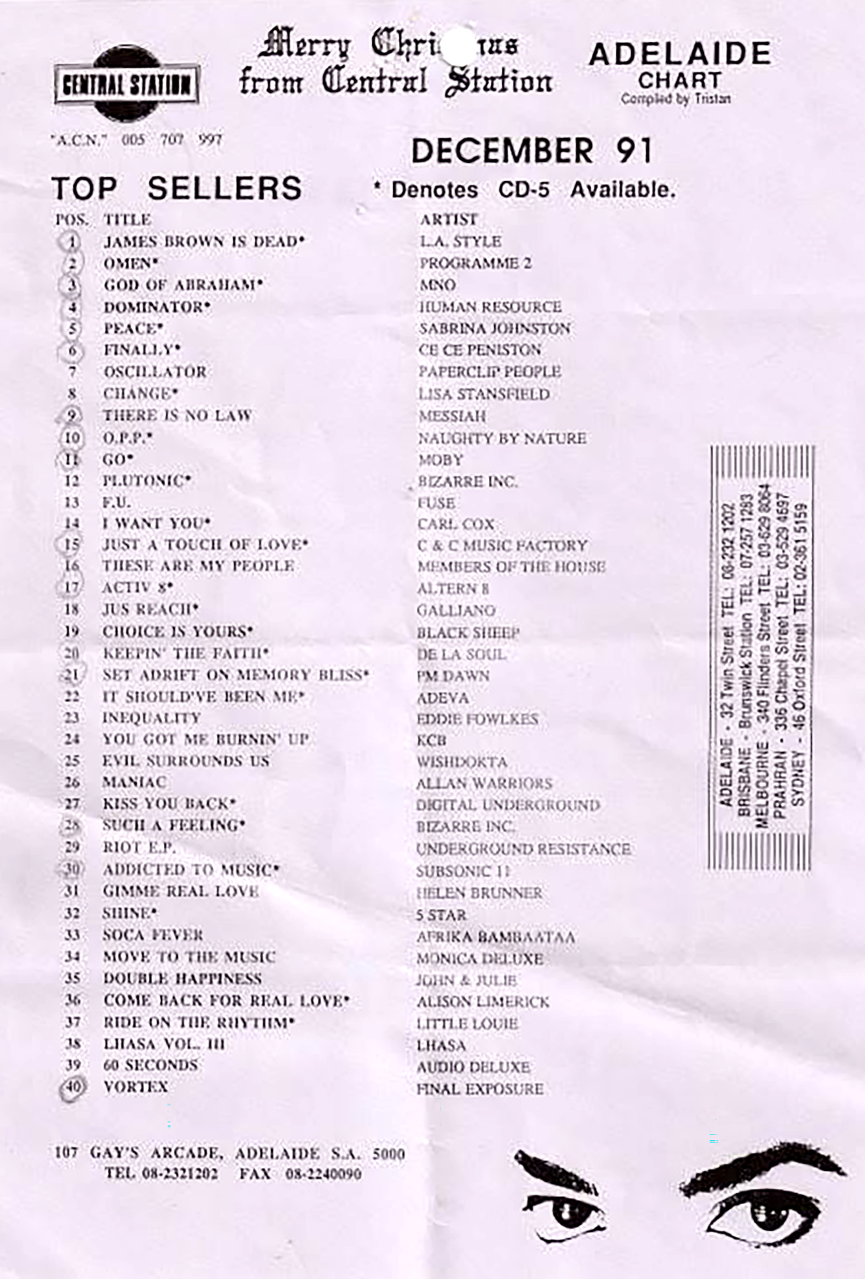 Central Station Records Adelaide Chart, December 1991