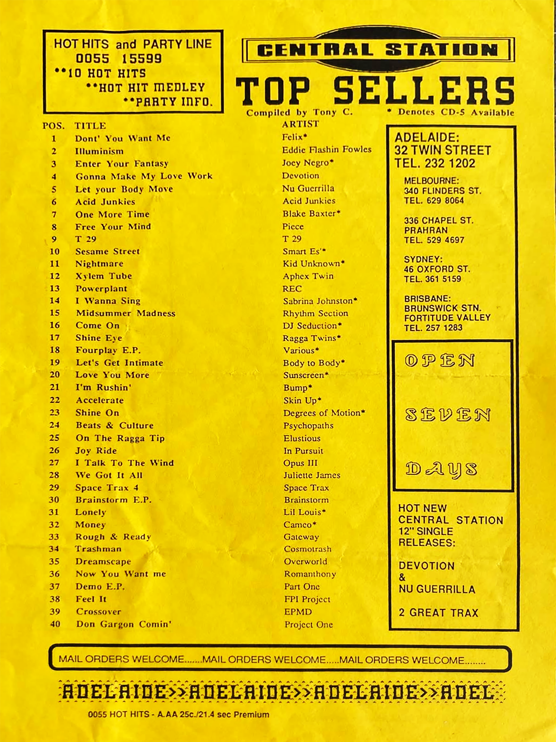 Central Station Records Adelaide Top Sellers, circa August 1992