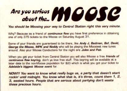 Continuous Flow Moose party flyer for Central Station Adelaide, Saturday 31 August 1996, featuring Andy J, Badman, BOF, David, George the Moose, MPK, Noddy, Jules and Pab